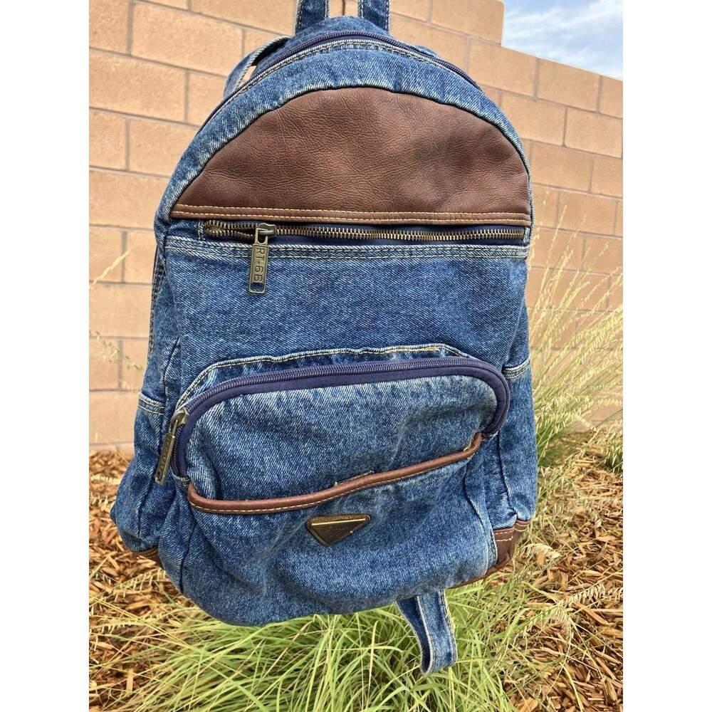 Route 66 Denim Backpack Blue Jean Brown Trim VTG Style RT-66 Travel Bag